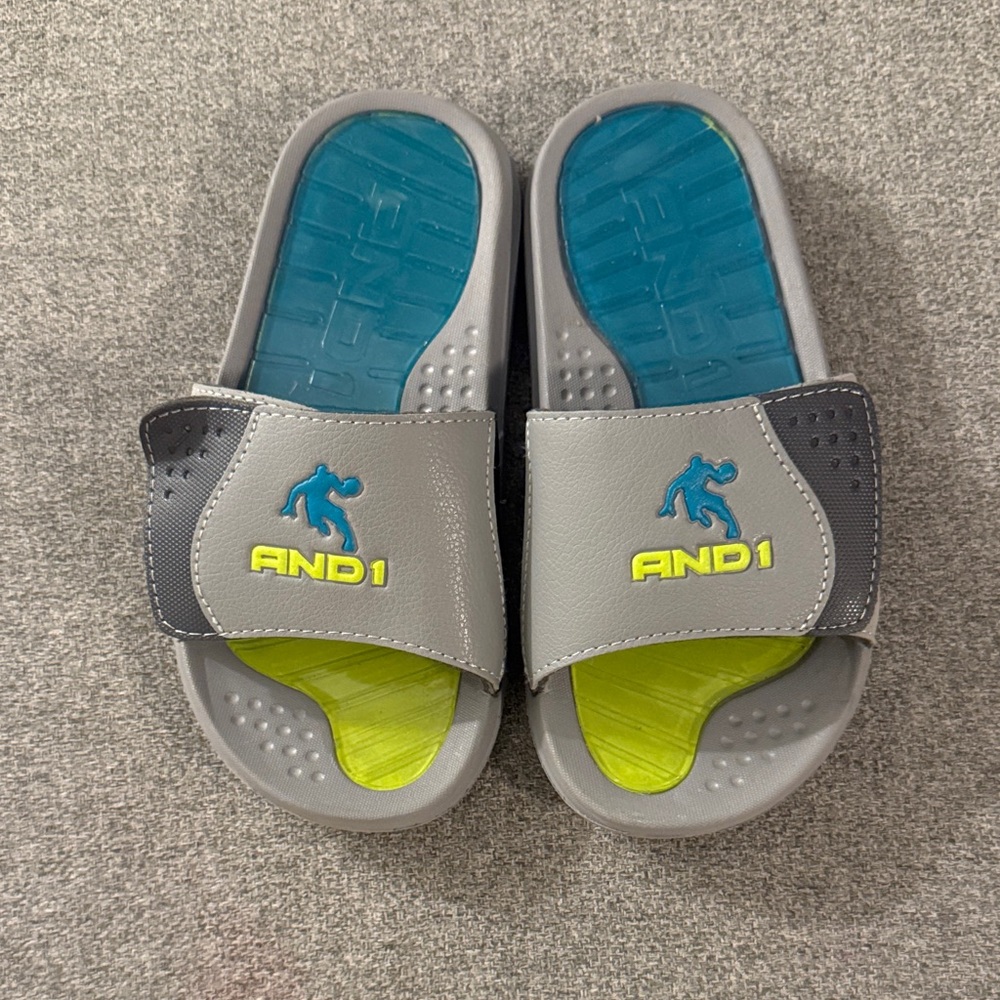 AND1 Kids Slide Sandals - Gray, Blue, and Yellow